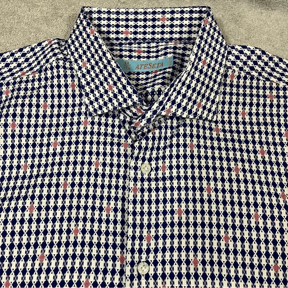 Ateseta Jacquard Polka Dota Mens 44 17.5Blue White Cotton Spread Button Up Shirt